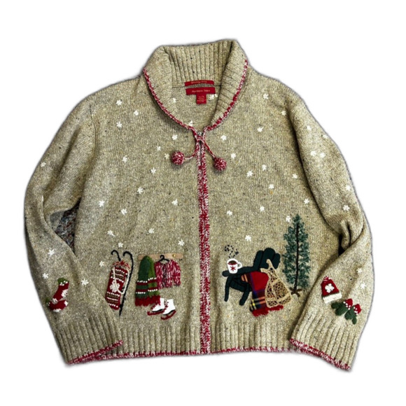 Northern Isles Tan Marled 2004 Christmas Winter Scenes Full Zip Sweater Size XL - Picture 2 of 15